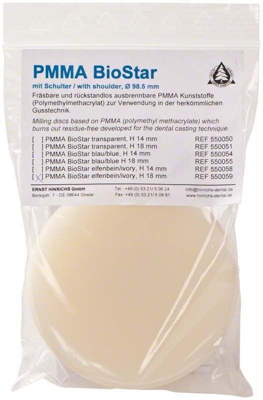 PMMA BioStar Ronde Ø 98,5mm H 18mm in elfenbein mit Verpackungsetikett.