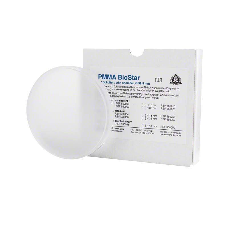 Runde PMMA BioStar Kunststoffronde für dentale Anwendungen vor Verpackung.