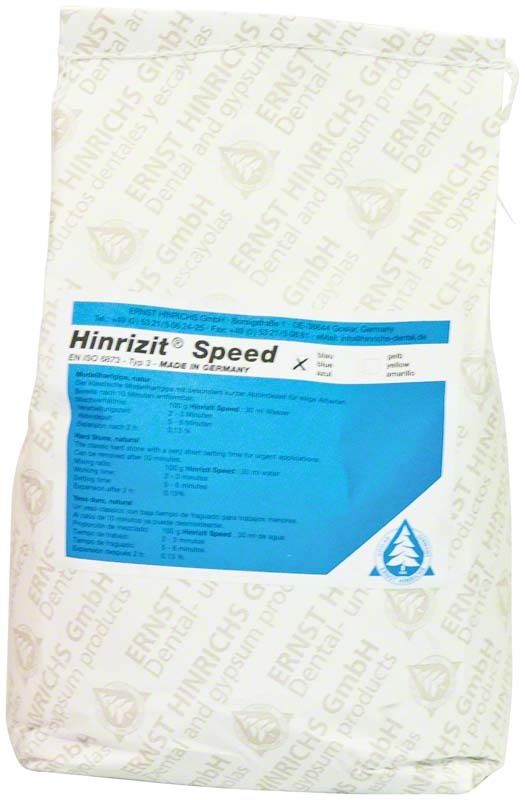 Hinrizit® Speed blau 5kg Beutel für Dentalanwendungen mit blauer Etikettierung.