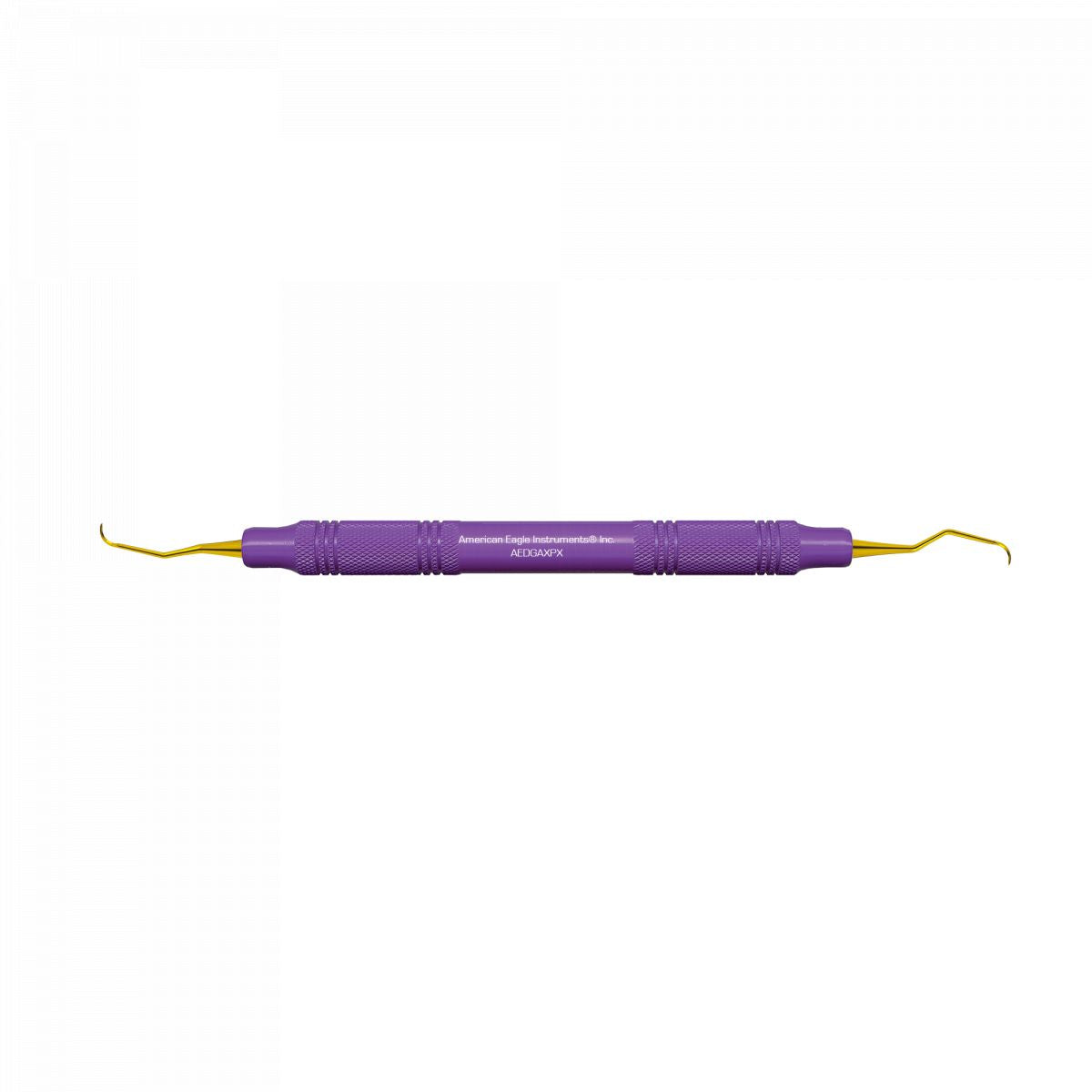 Amerikanische XP Double Gracey Kürette mit lila Griff und goldenen Spitzen.