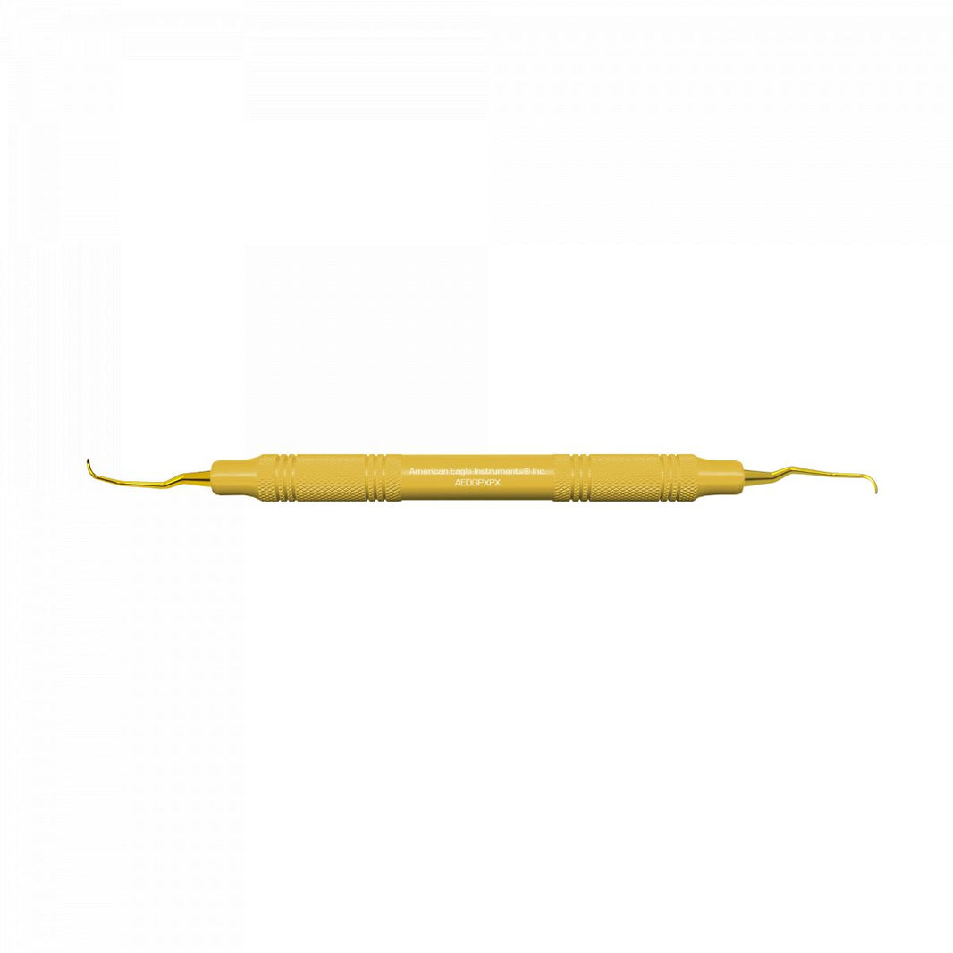American Eagle XP Double Gracey™ Kürette mit gelbem Kunststoffgriff und goldfarbenen Spitzen.