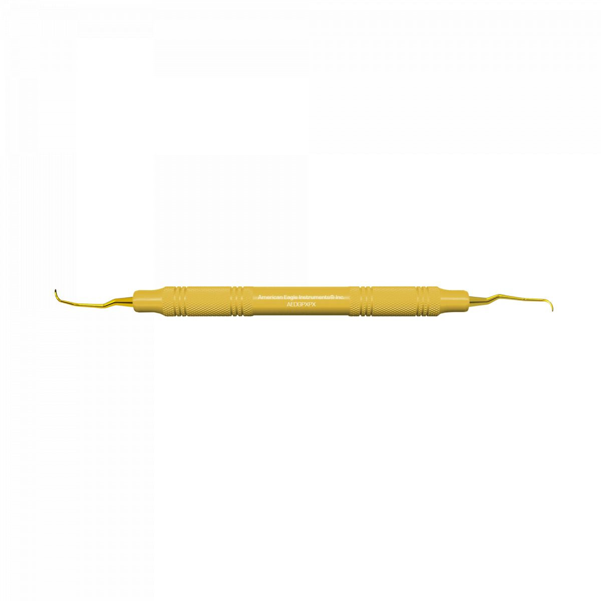 American Eagle XP Double Gracey™ Kürette mit gelbem Kunststoffgriff und goldfarbenen Spitzen.