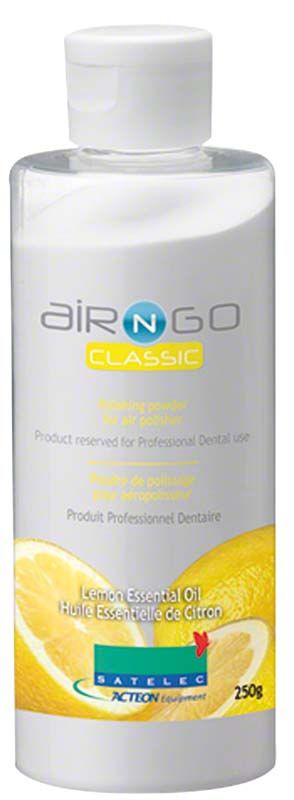 AIR-N-GO® CLASSIC Pulver Flasche mit Zitronen-Etikett zur Zahnreinigung.