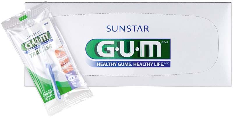 Verpackung der GUM TRAV-LER Interdentalbürsten mit Einzelbürste in Schutzfolie.