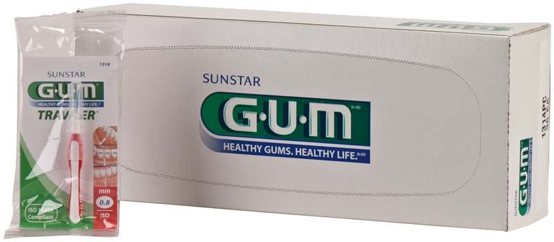 Interdentalbürsten GUM® TRAV-LER® in 36er Box mit rotem Griff.