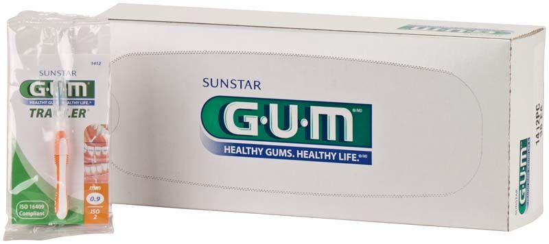 GUM TRAV-LER Interdentalbürsten in orange mit Verpackung und Produktlogo.