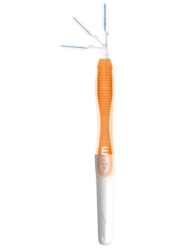 Ergonomische Interdentalbürste mit flexiblem, orangefarbenem Griff und drei Bürstenansichten.