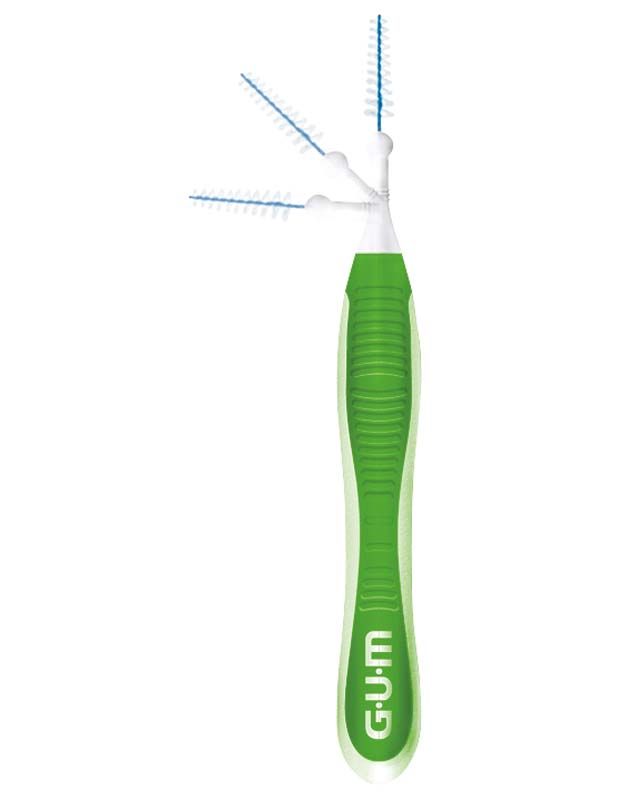 Grüne GUM® TRAV-LER® Interdentalbürste mit flexiblem Bürstenhals und ergonomischem Griff.