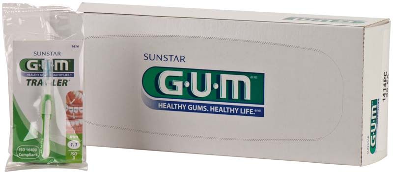 Verpackungsansicht der GUM® TRAV-LER® Interdentalbürsten mit grünem Griff.