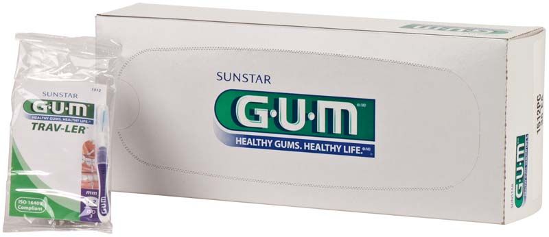 GUM TRAV-LER Interdentalbürstenbox mit violettem Griff und Verpackung.