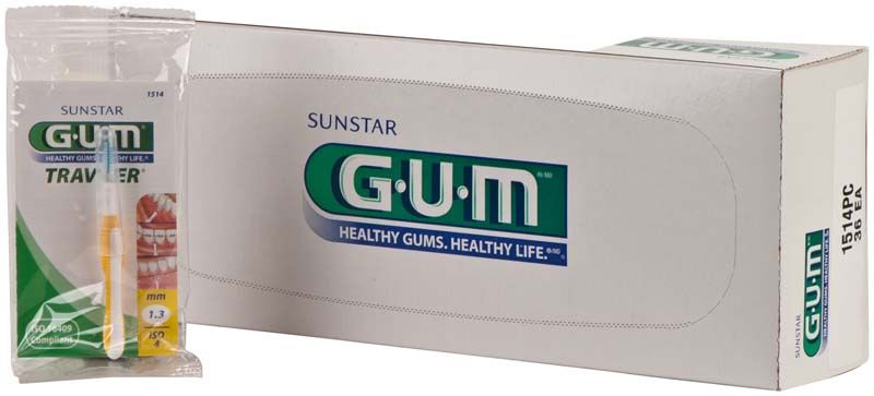 GUM TRAV-LER Interdentalbürsten in gelber Farbe neben Produktverpackung.