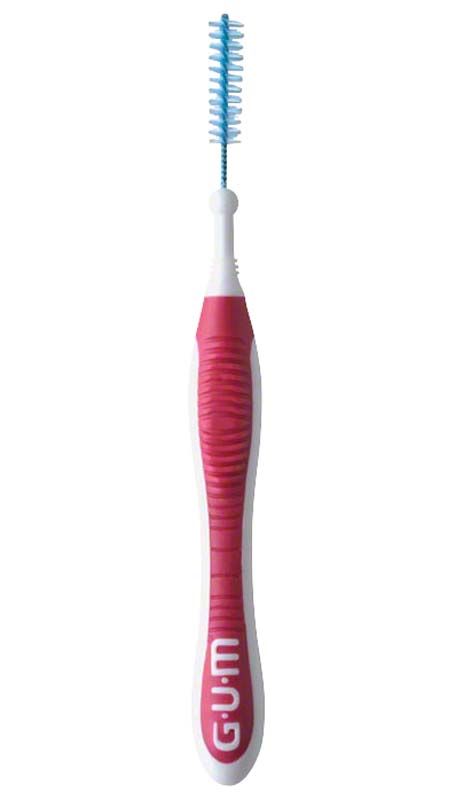 Interdentalbürste mit pinkem ergonomischem Griff und blauer Bürste.