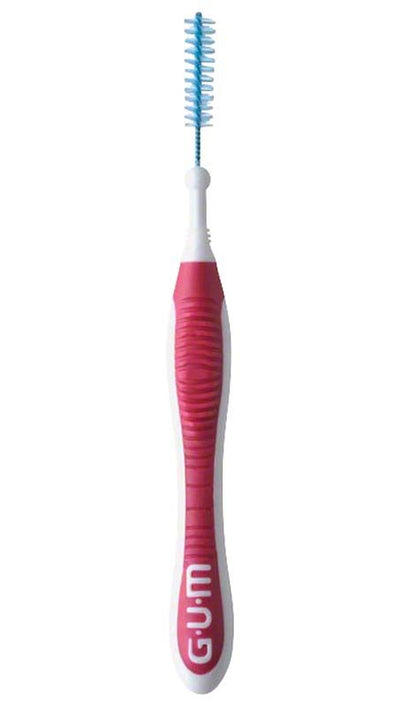 Interdentalbürste mit pinkem ergonomischem Griff und blauer Bürste.