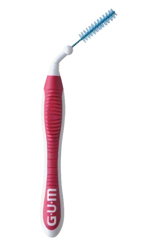 Rosa Interdentalbürste mit ergonomischem Griff und blauer Bürste.