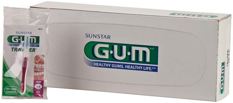 GUM® TRAV-LER® Interdentalbürsten-Box mit Verpackungsdetails in Pink und Grün.