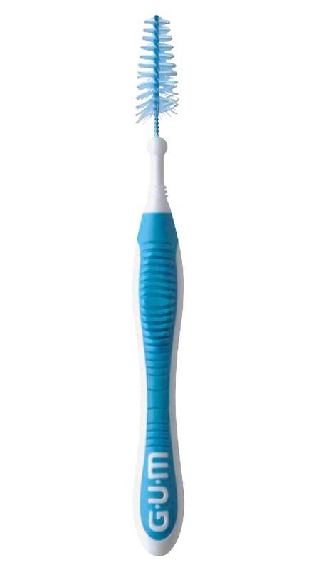 Interdentalbürste mit ergonomischem rutschfestem Griff und flexiblem Bürstenhals in Blau.