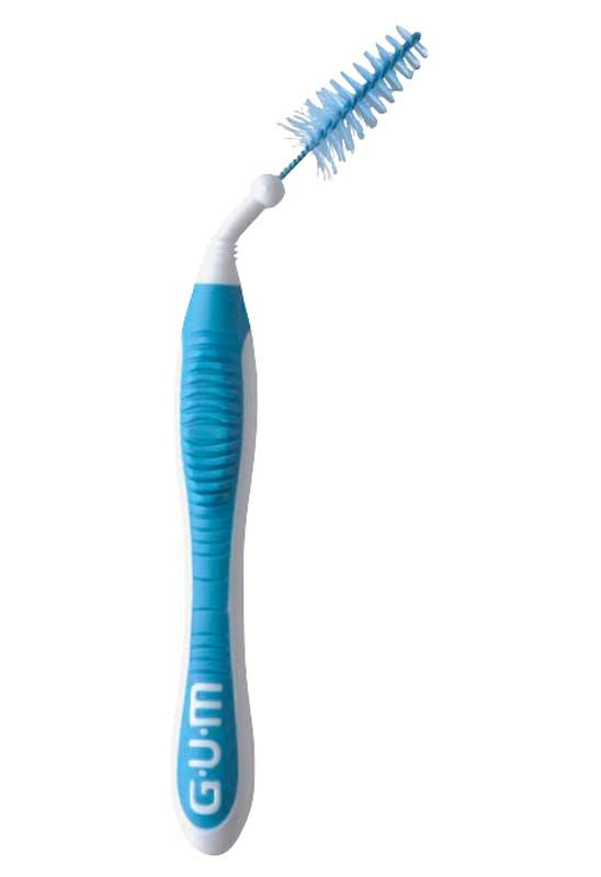 Interdentalbürste mit gebogenem, flexiblem Hals und rutschfestem blauem Griff.