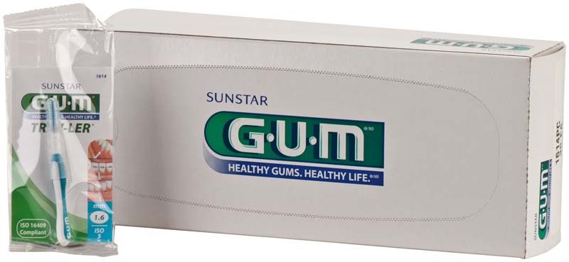 GUM TRAV-LER Interdentalbürsten 36er Box mit Verpackung in Blau und Weiß.