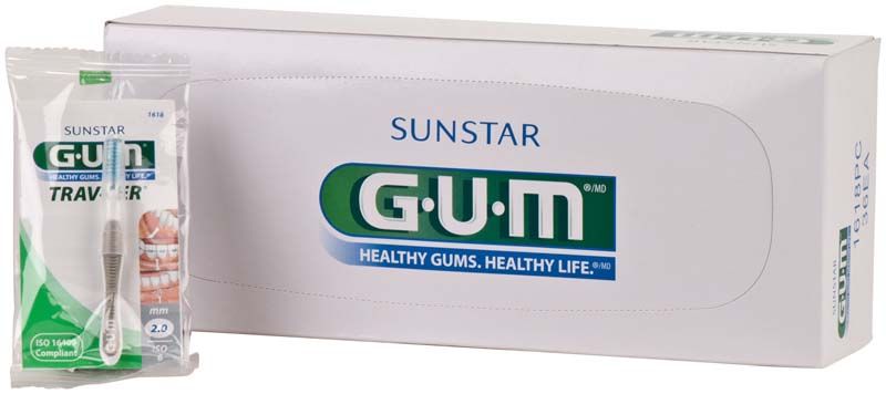 GUM® TRAV-LER® Interdentalbürsten 36er Box mit Verpackung und grauem Griff.