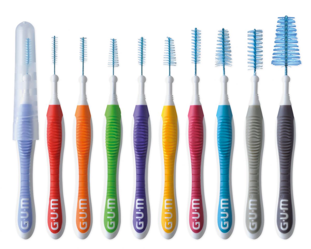 Sechsteiliges Set GUM® TRAV-LER® Interdentalbürsten in verschiedenen Farben.