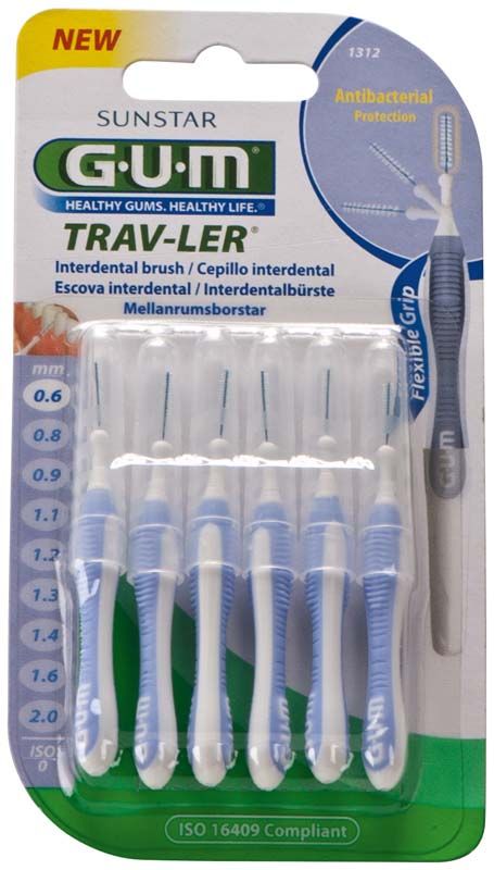 Blisterpackung mit sechs hellblauen GUM® TRAV-LER® Interdentalbürsten, Größe 0.