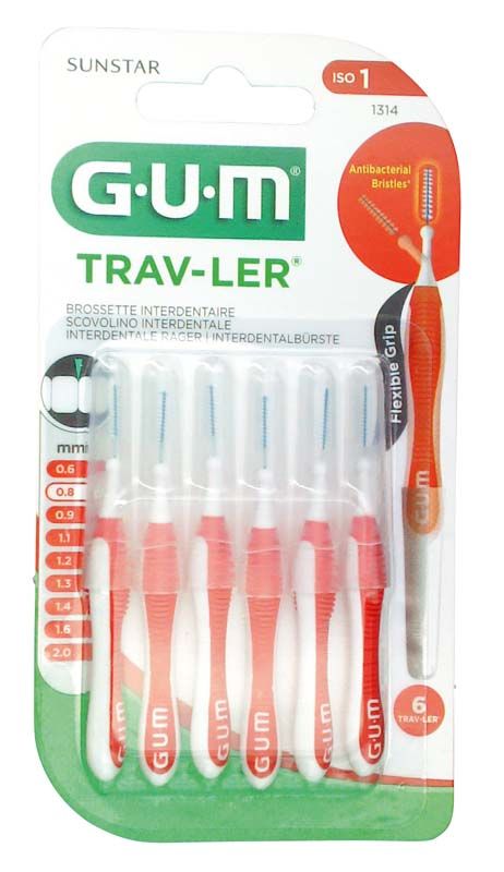 Interdentalbürsten GUM TRAV-LER, rot, 6er Pack mit ergonomischem Griff.