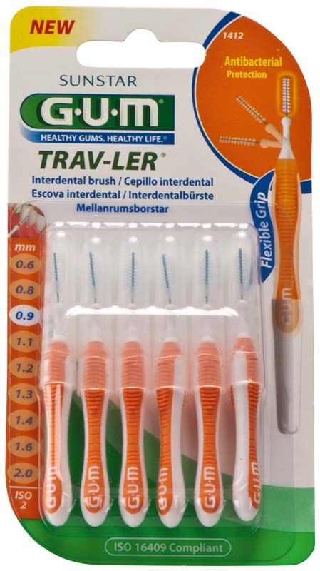 GUM TRAV-LER Interdentalbürsten in orange mit flexiblem Griff, 6er-Pack.
