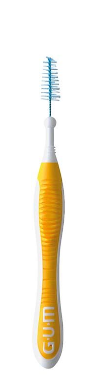 GUM® TRAV-LER® Interdentalbürste mit gelbem Griff und blauer Bürste.