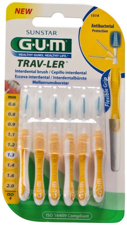 Sechserpack GUM® TRAV-LER® Interdentalbürsten, gelb, auf Blisterkarte.