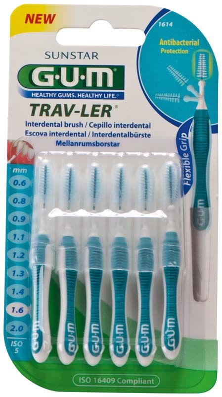 Sechserpack GUM TRAV-LER Interdentalbürsten, Größe 5, mit ergonomischem Griff.
