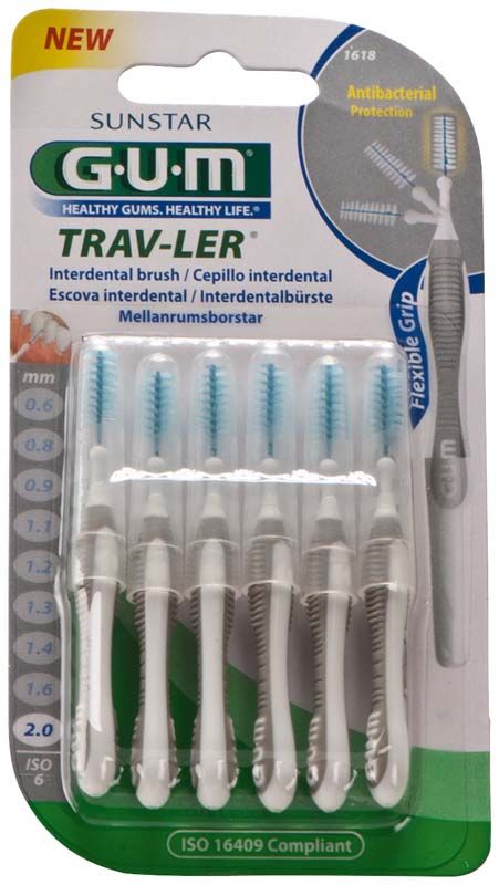 GUM TRAV-LER Interdentalbürsten 6er Blister mit ergonomischem Griff in Grau.