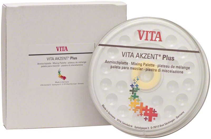 VITA AKZENT® Plus Anmischplatte aus Kunststoff mit Verpackung.