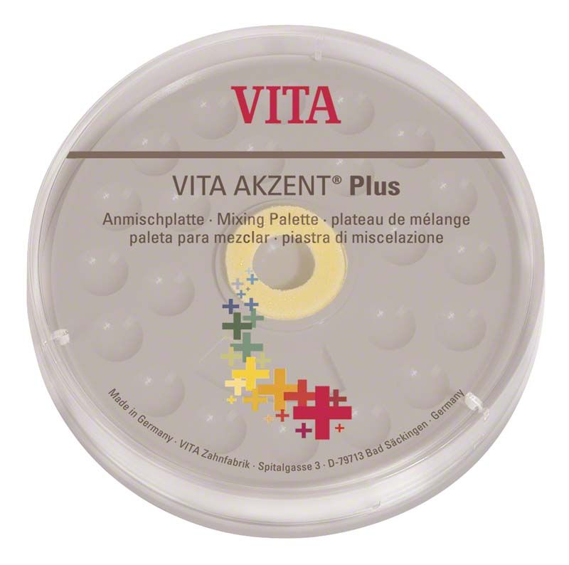 Runde Kunststoff-Mischplatte mit integrierten Mulden und VITA AKZENT® Plus Aufschrift.
