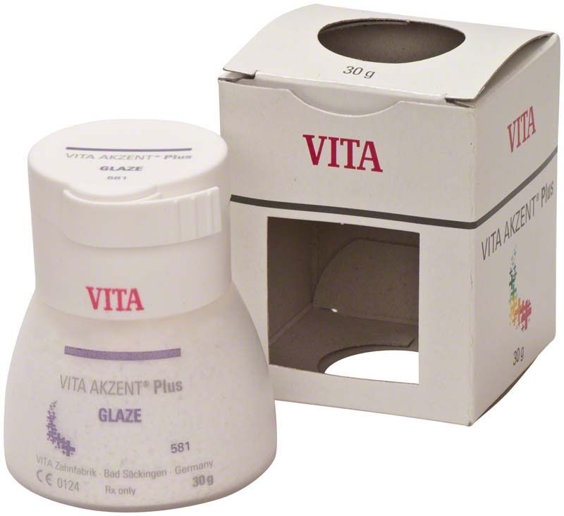 VITA AKZENT® Plus GLAZE POWDER 30g Glasurpulver neben geöffneter Verpackung.