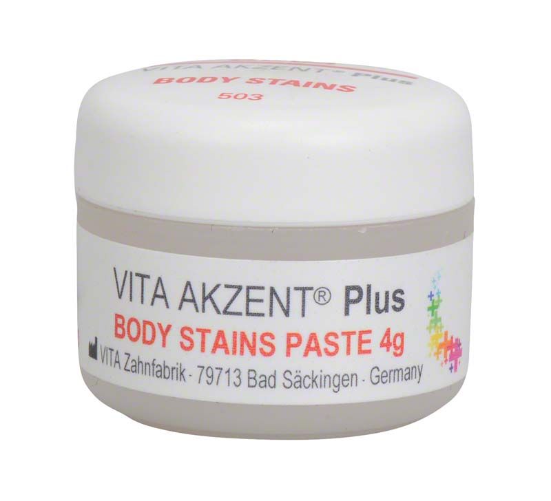 VITA AKZENT® Plus BODY STAINS Paste BS03 in weißem Tiegel mit roter Beschriftung.