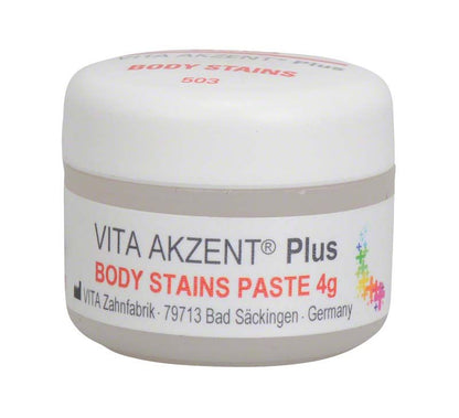 VITA AKZENT® Plus BODY STAINS Paste BS03 in weißem Tiegel mit roter Beschriftung.