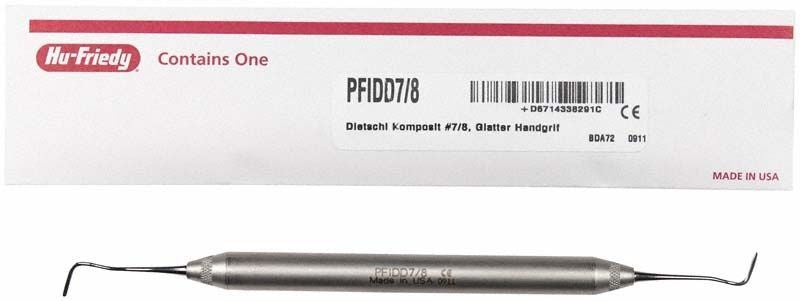 Dietschi Komposit Figur 7/8 Zahninstrument mit Griff 6 vor Verpackung.