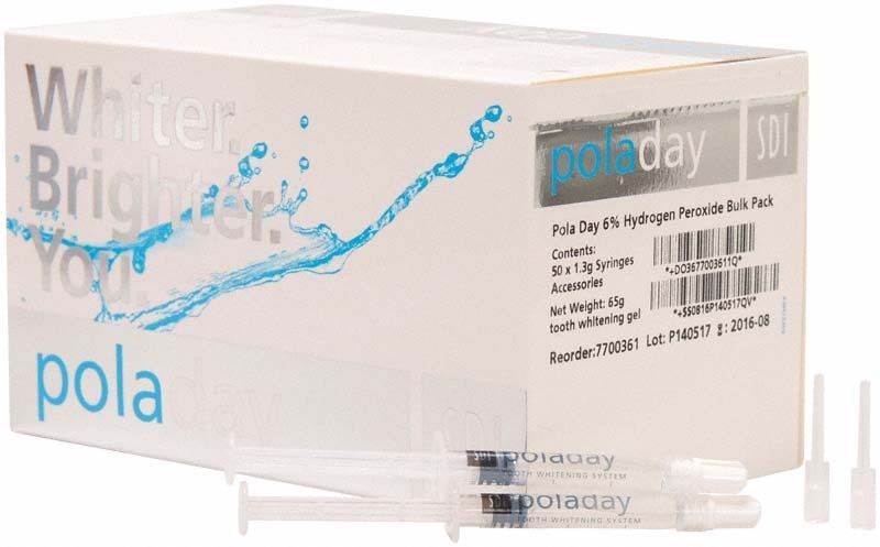 Pola Day 6,0% Zahnaufhellungsgel-Box mit Spritzen und Produktinformationen.