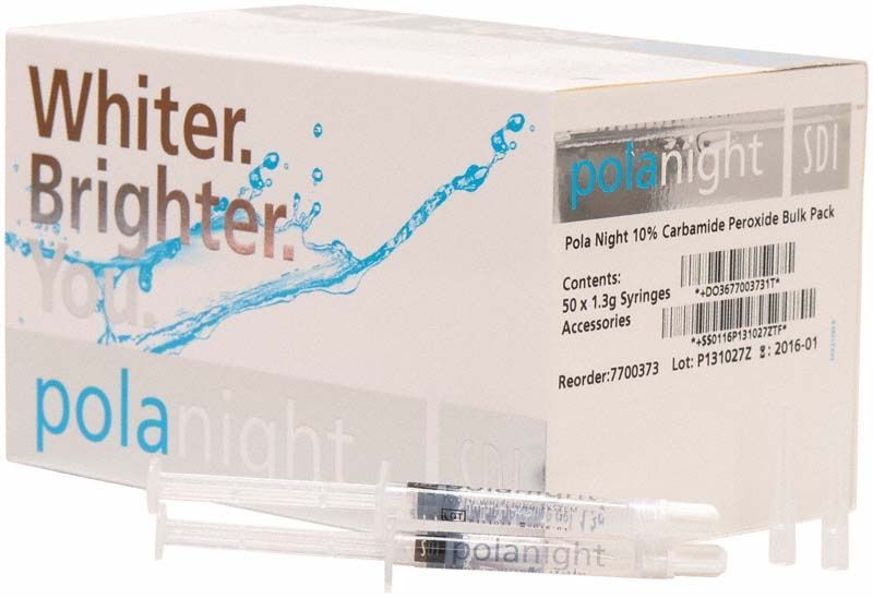 Pola Night 10% Zahnaufhellungsgel-Spritzen, 50 Stück, Verpackung und Spritzen sichtbar.