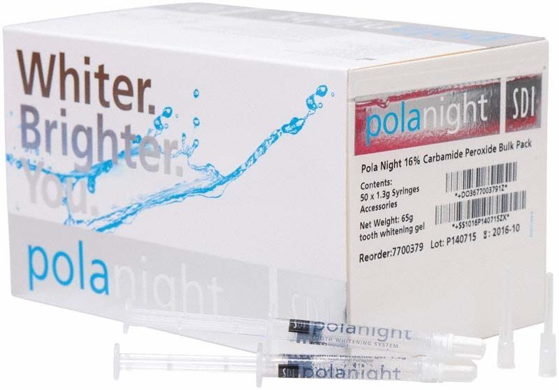 Pola Night 16% Zahnaufhellungsgel Spritzenpackung mit Produktinformationen.