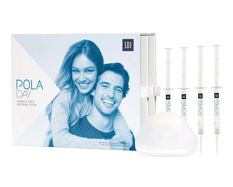 Pola Day Zahnaufhellungsgel 6,0% mit Spritzen und Verpackung.