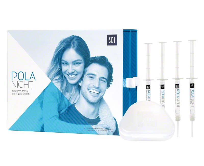 Pola Night 10% Zahnaufhellungsgel mit vier Spritzen und Schiene.