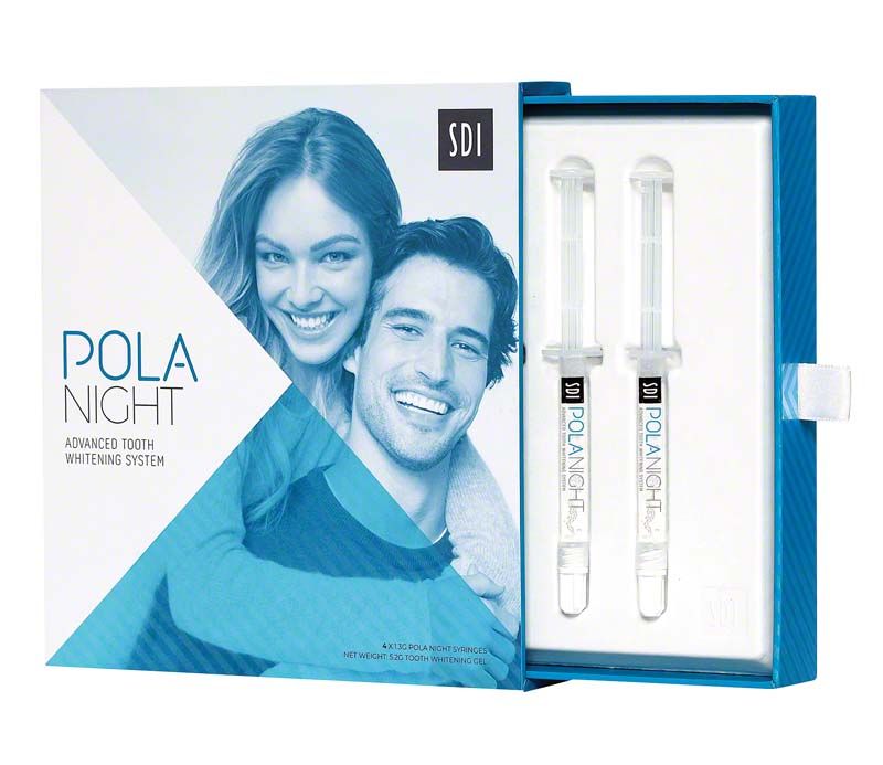 Pola Night 10% Mini Kit mit zwei Zahnaufhellungsgel-Spritzen in Verpackung.