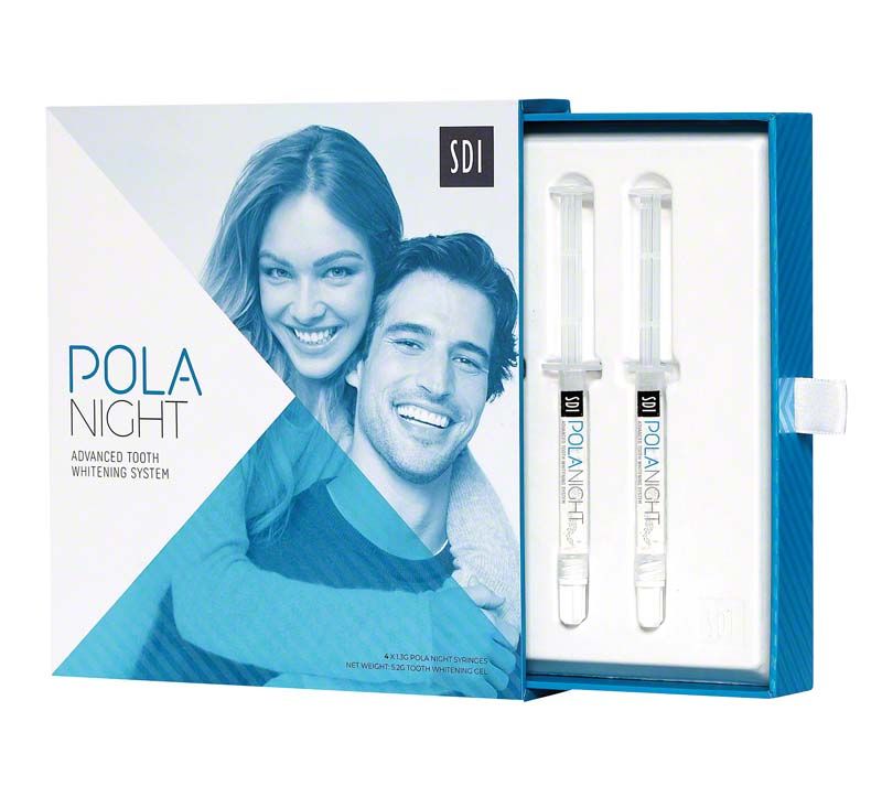 Pola Night 16% Mini Kit mit zwei Zahnaufhellungsgel-Spritzen in Schachtel.