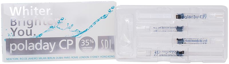 Zahnaufhellungsgel Pola Day CP in Spritzenverpackung mit 35% Carbamidperoxid.