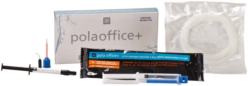 Pola Office+ Zahnaufhellungssystem mit Spritzen, Wangenhalter und Verpackung.