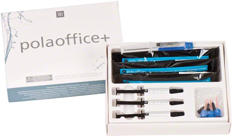 Pola Office + Zahnaufhellungskit mit Spritzen und Zubehör in geöffneter Verpackung.