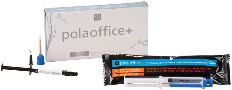 Pola Office+ Zahnaufhellungskit mit Verpackung und Dualkammerspritze.