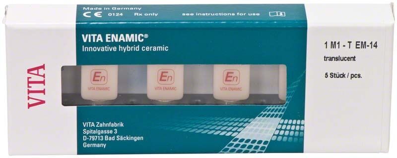 Verpackung von VITA ENAMIC® EM-14 T 1M1 mit fünf Zahntechnikblöcken.