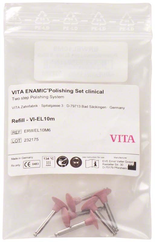 VITA ENAMIC® Vorpolitur-Set mit rosa Polierköpfen in Kunststoffverpackung.